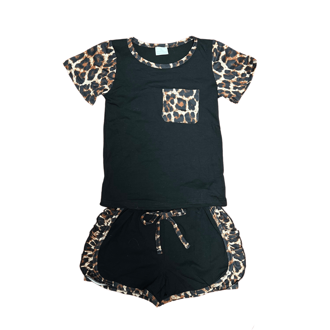 BLACK AND CHEETAH SHORTS SET
