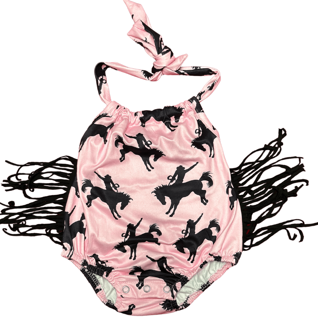 PINK HORSE BUBBLE ROMPER WITH FRINGE