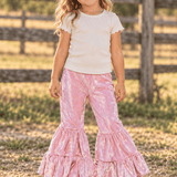 VELVET RUFFLE FLARE PANTS - PINK
